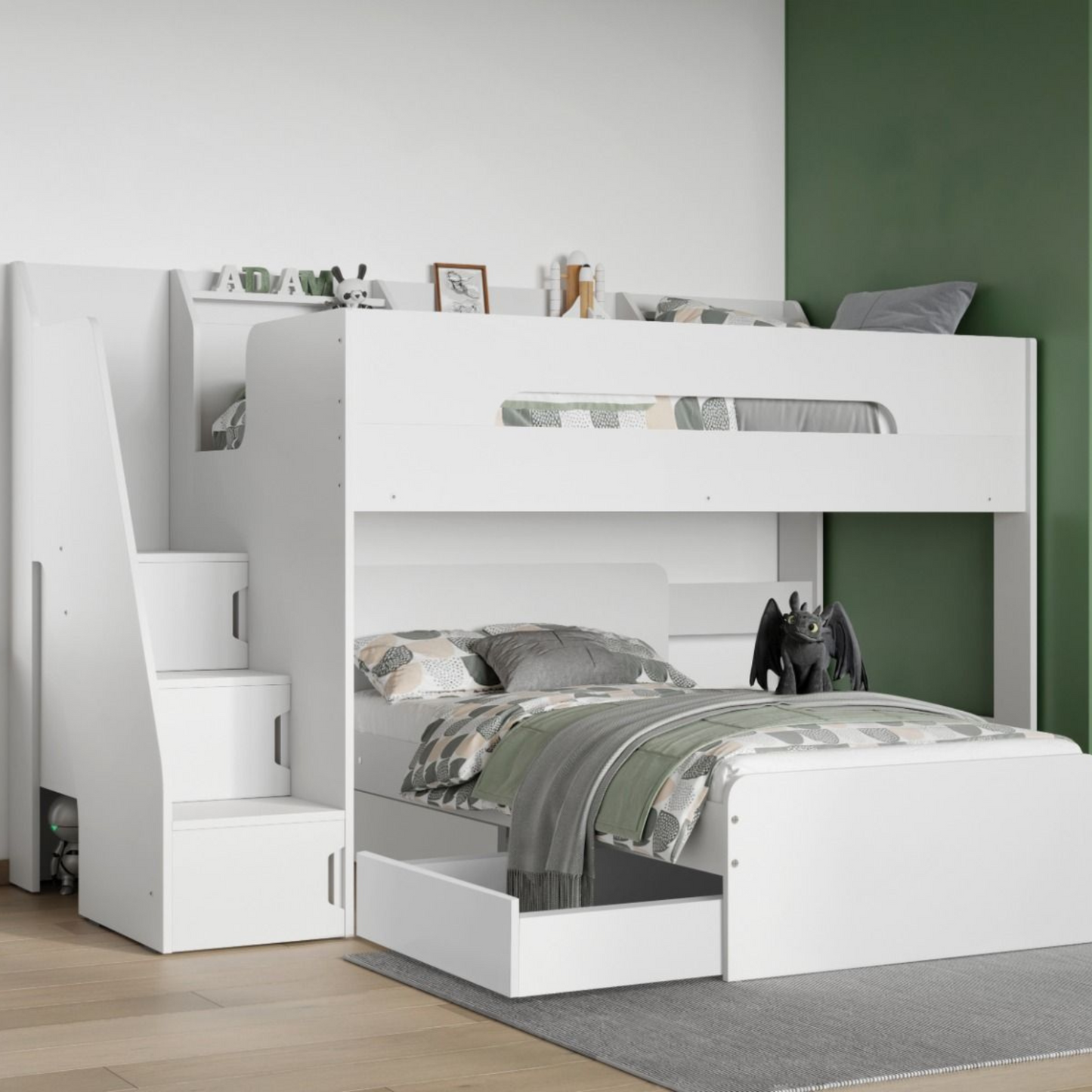 Flair Stepaside Staircase L Shaped Bunk Bed with Storage - White