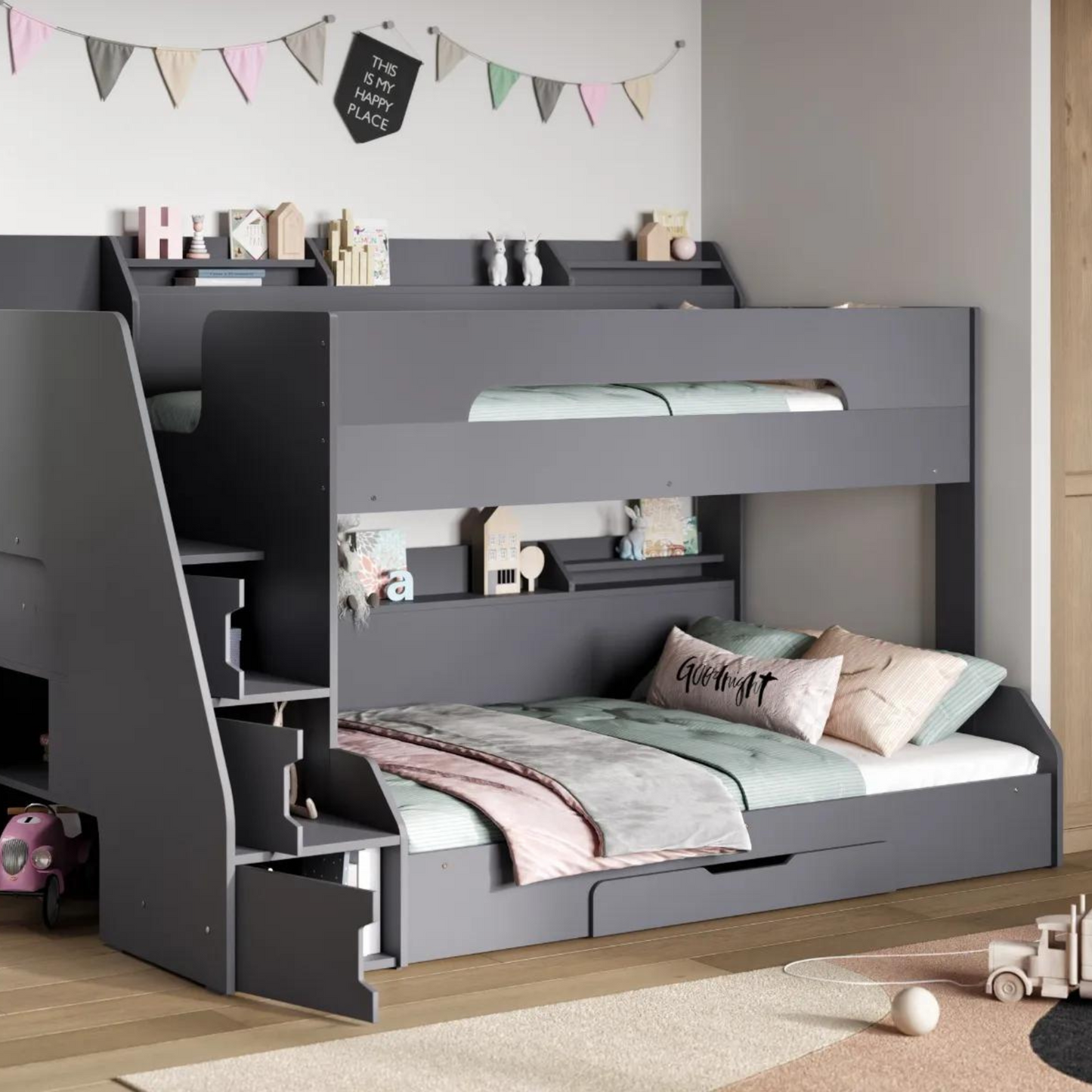 Flair Slick Staircase Triple Bunk Bed with Shelves