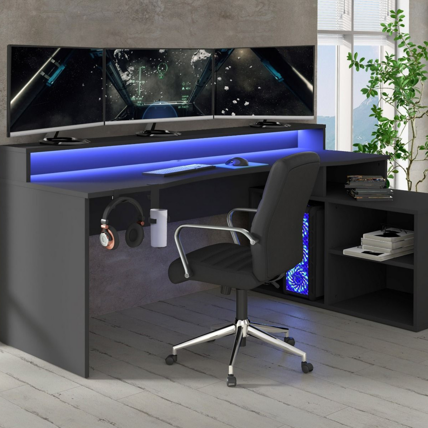 Flair Power W L Shaped Corner Gaming Desk with Colour Changing Led Lights