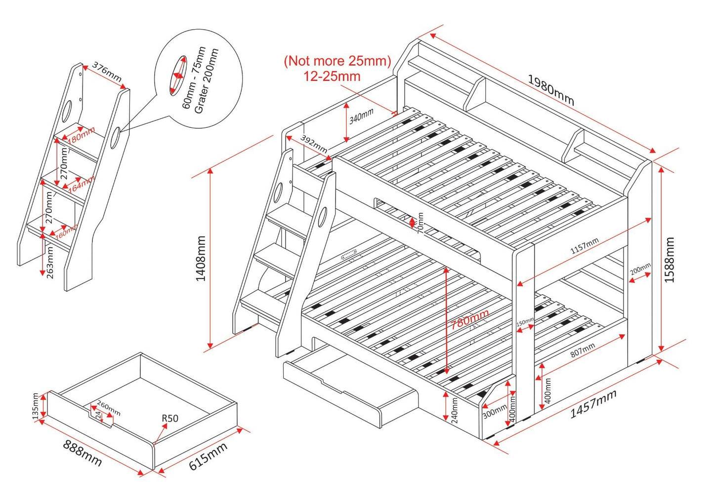 Flair Flick Triple Bunk Bed With Storage - White