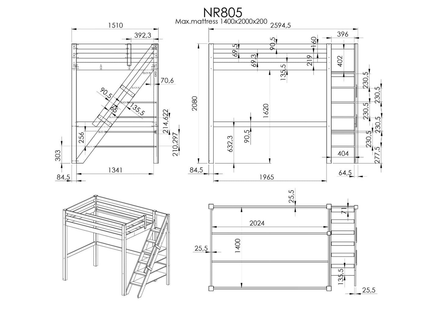 Noomi Studio Loft Bed Double High Sleeper (FSC-CERTIFIED)
