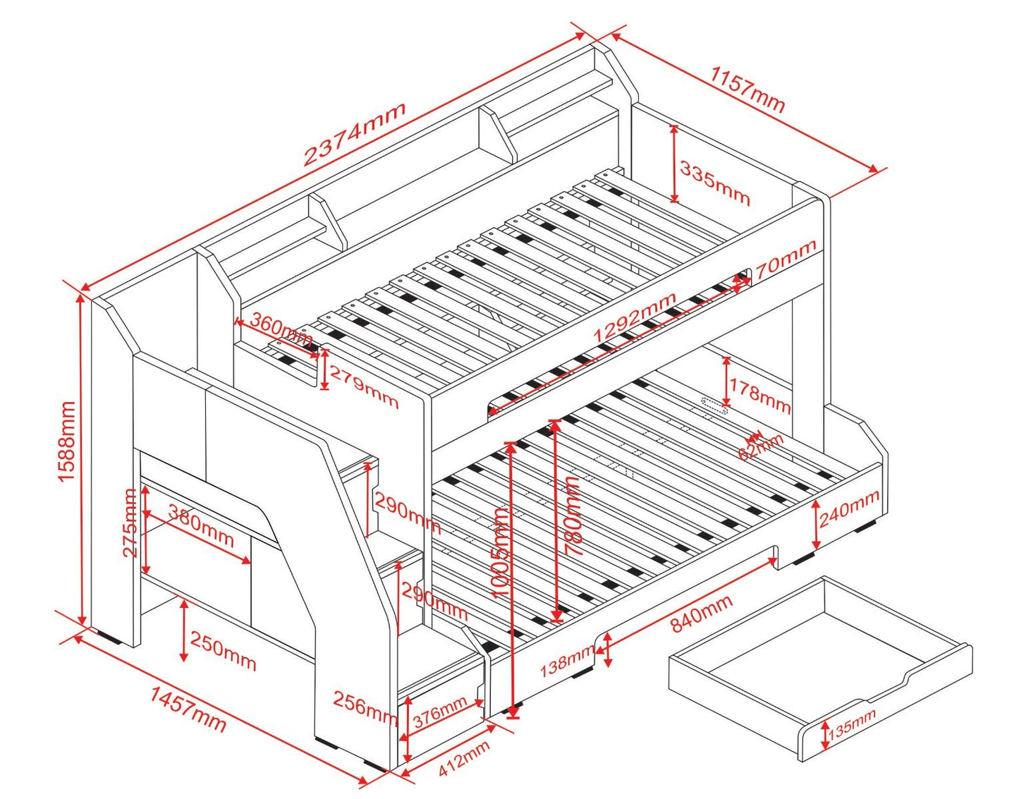 Flair Slick Staircase Triple Bunk Bed with Shelves