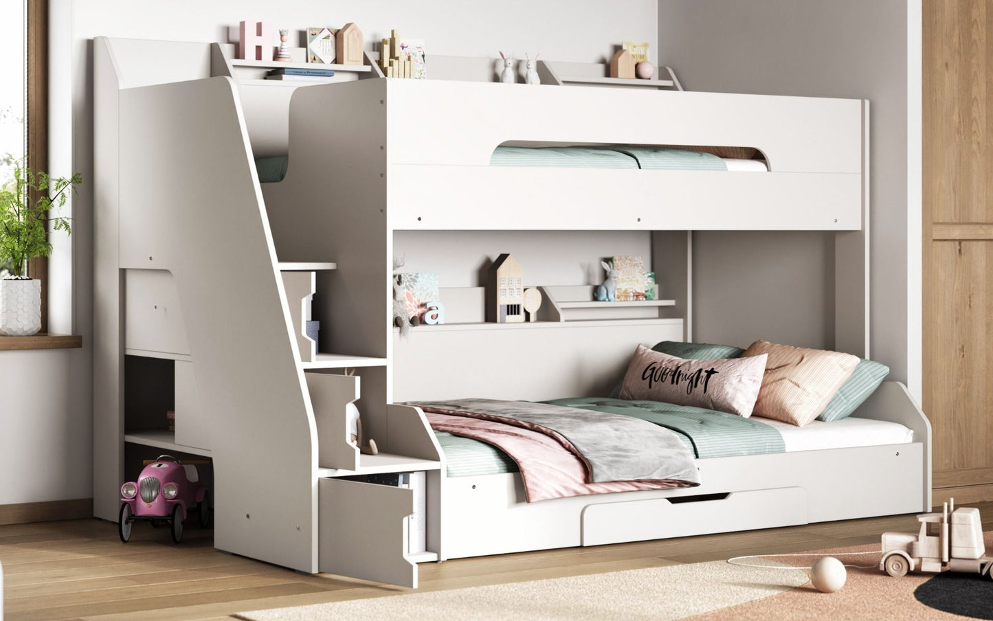 Flair Slick Staircase Triple Bunk Bed with Shelves