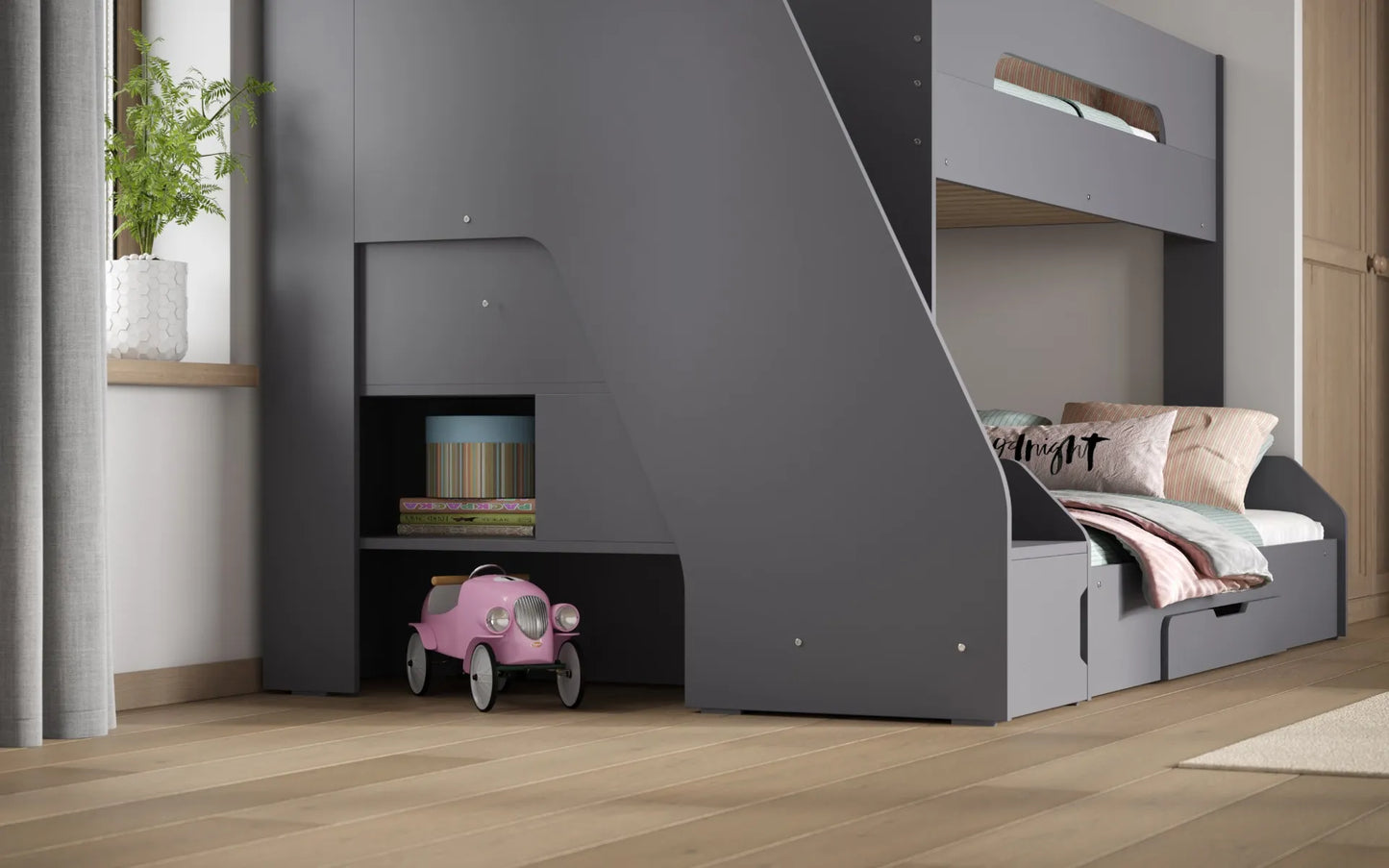 Flair Slick Staircase Triple Bunk Bed with Shelves