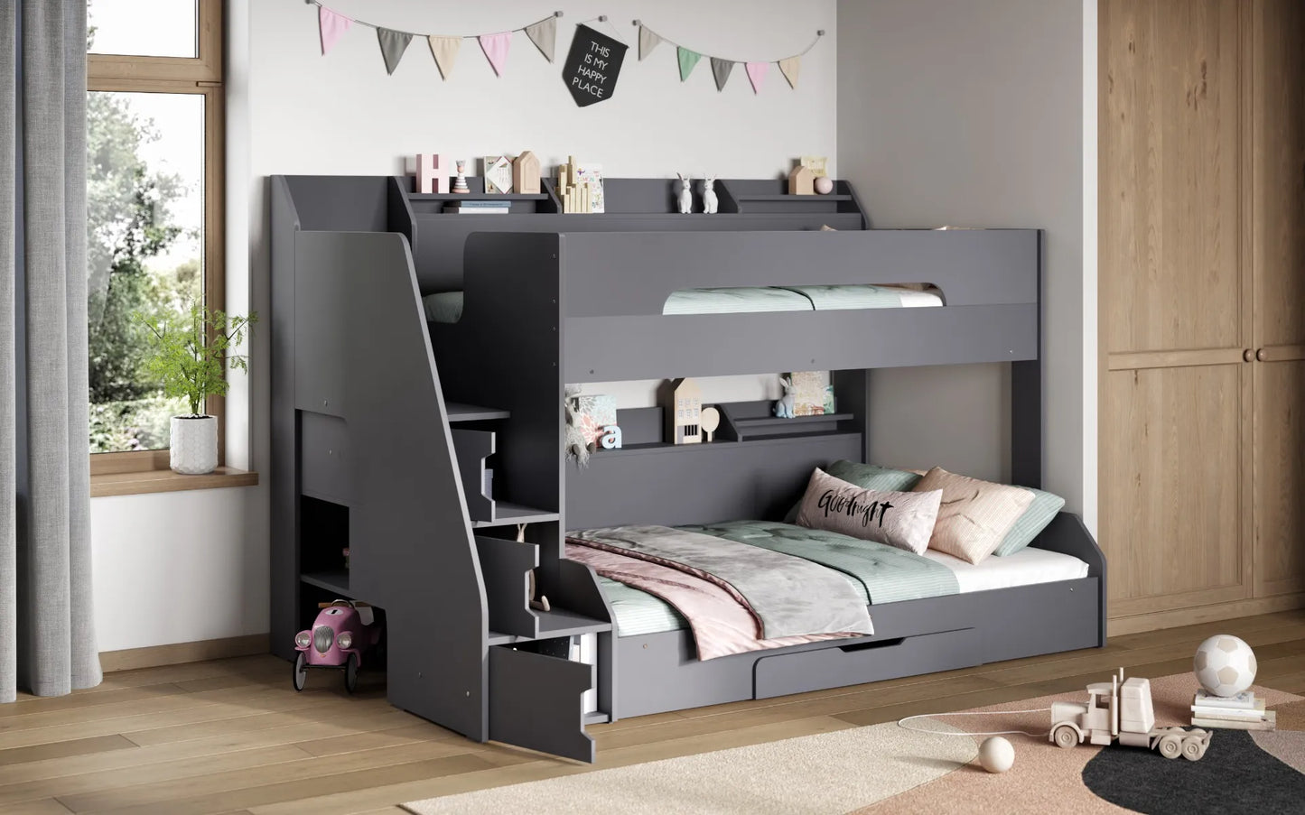 Flair Slick Staircase Triple Bunk Bed with Shelves