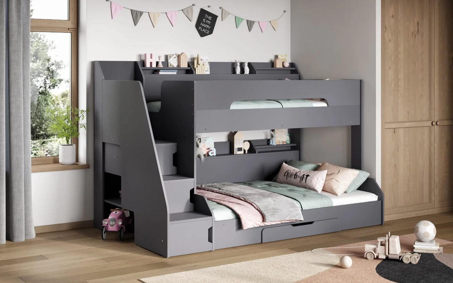 Flair Slick Staircase Triple Bunk Bed with Shelves