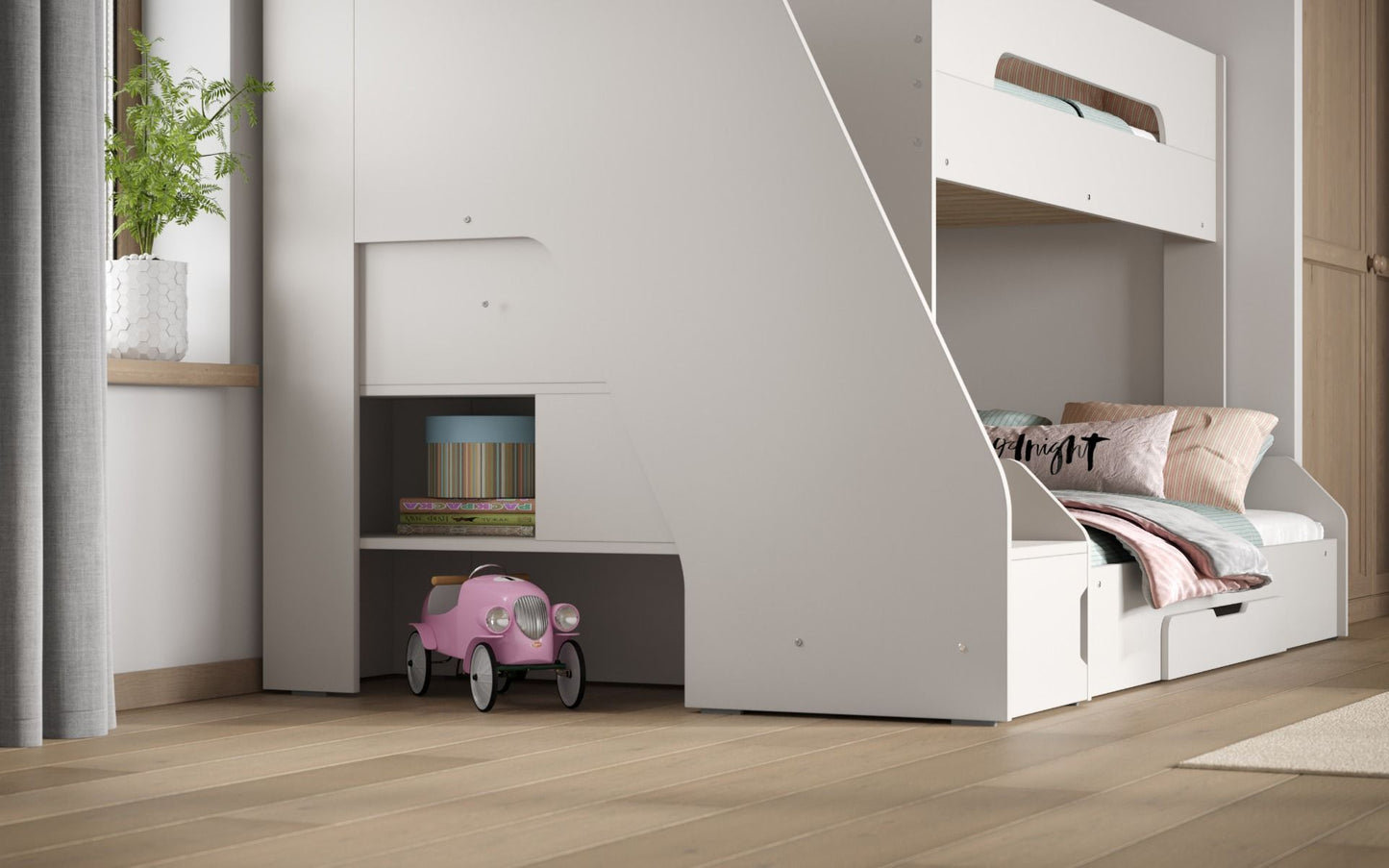 Flair Slick Staircase Triple Bunk Bed with Shelves