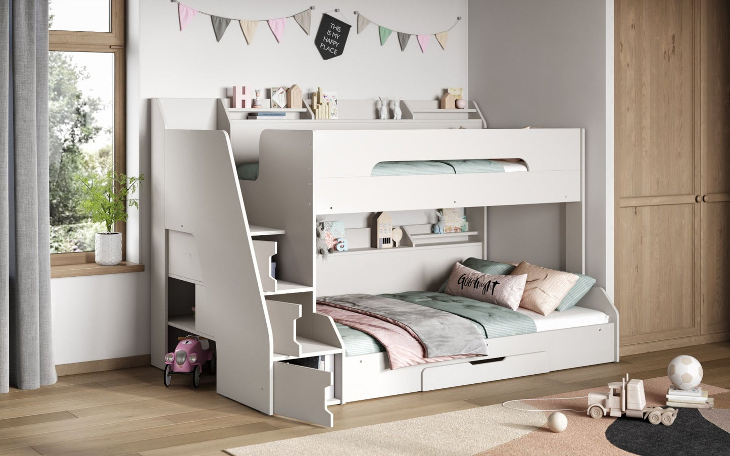 Flair Slick Staircase Triple Bunk Bed with Shelves