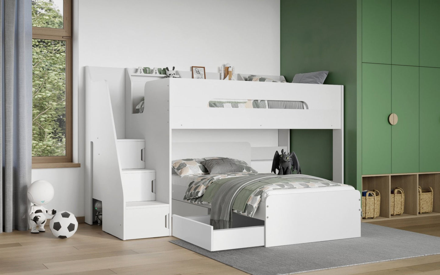 Flair Stepaside Staircase L Shaped Bunk Bed with Storage - White
