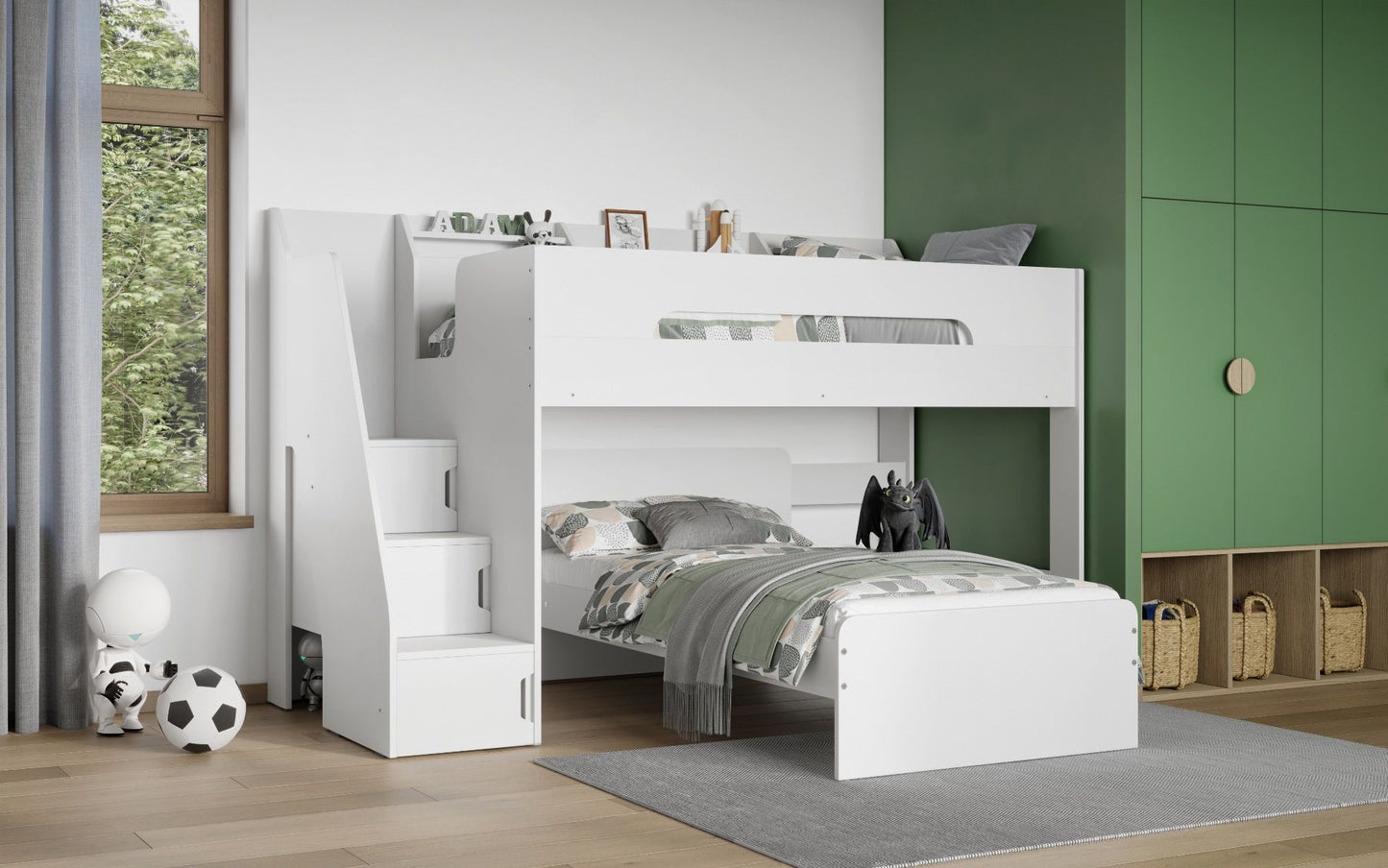 Flair Stepaside Staircase L Shaped Bunk Bed with Storage - White