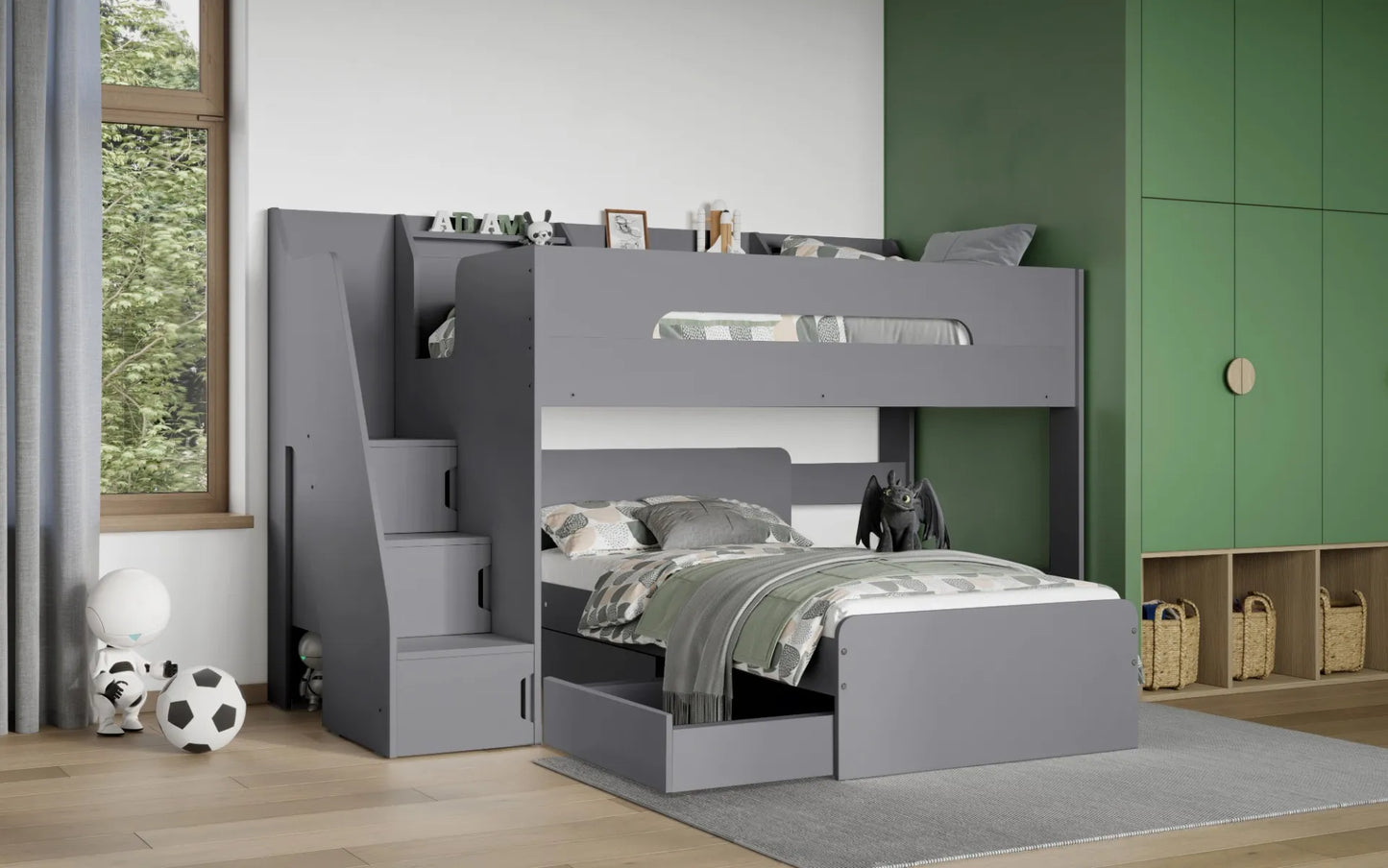 Flair Stepaside Staircase L Shaped Bunk Bed with Storage - Grey
