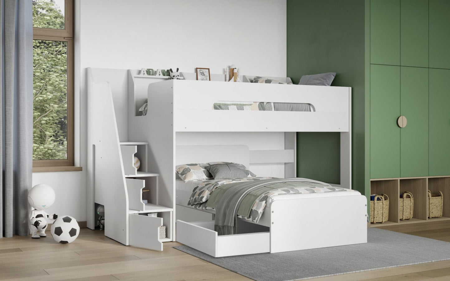 Flair Stepaside Staircase L Shaped Bunk Bed with Storage - White
