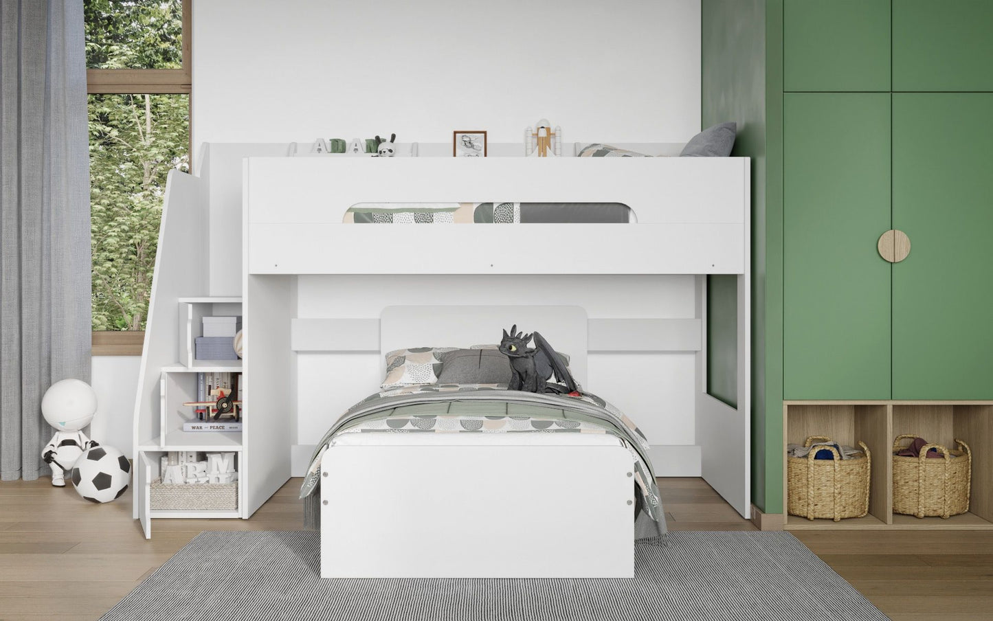 Flair Stepaside Staircase L Shaped Bunk Bed with Storage - White