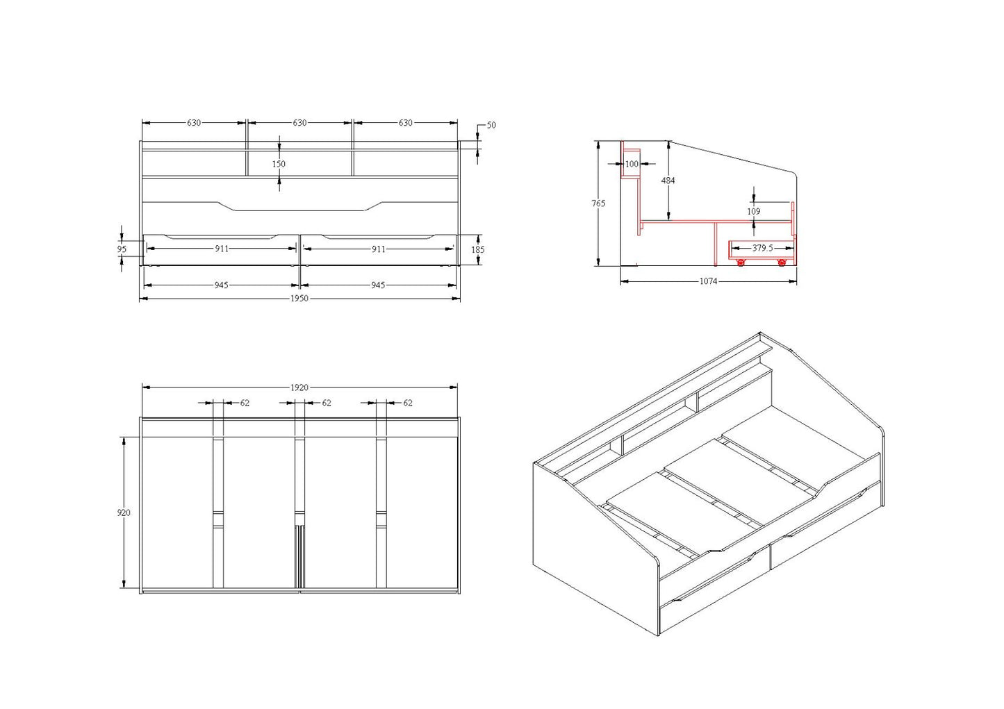 Flair Leni Day Bed with Shelves and Drawers