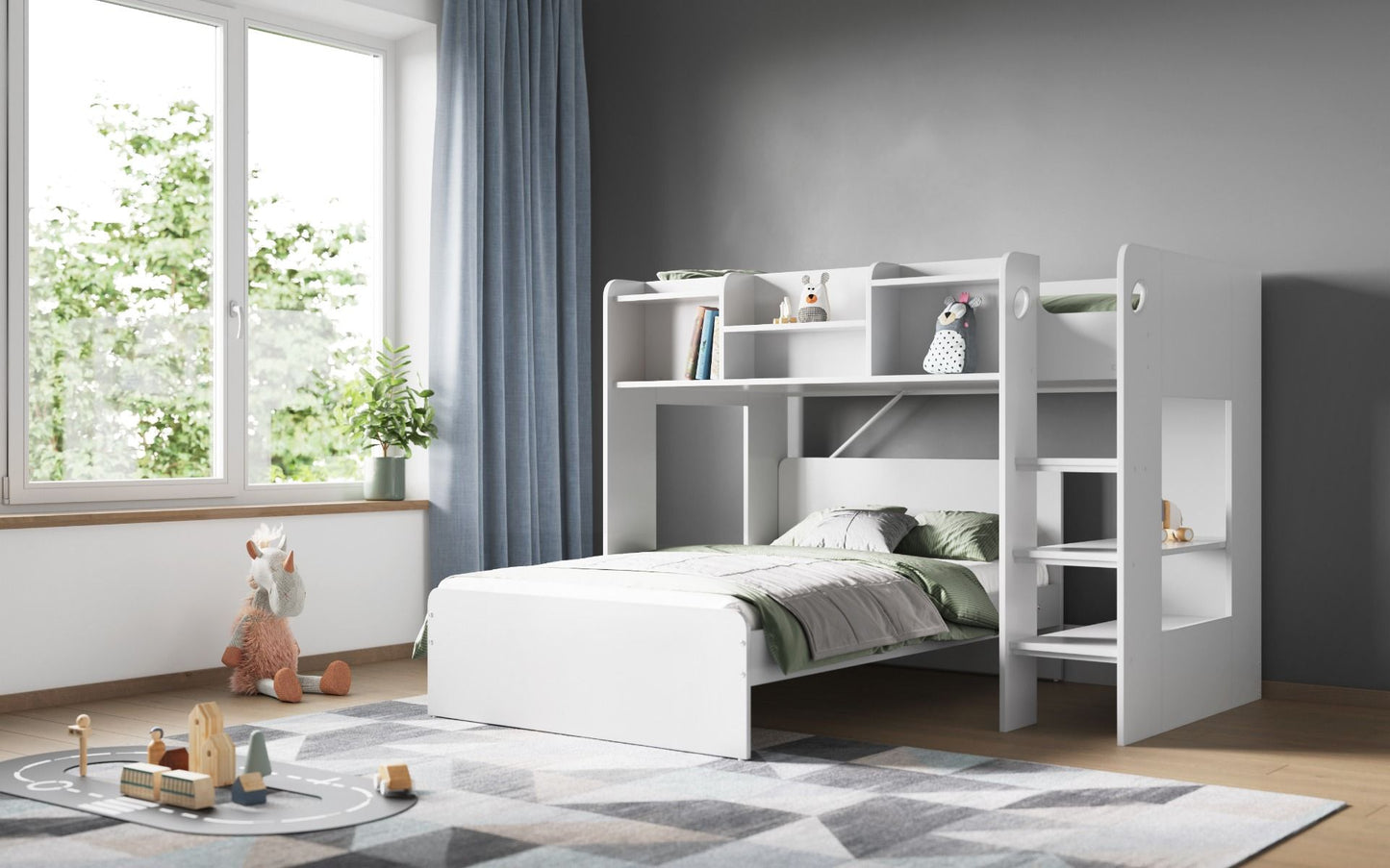 Flair Wizard L Shaped Triple Bunk Bed with Shelves - White