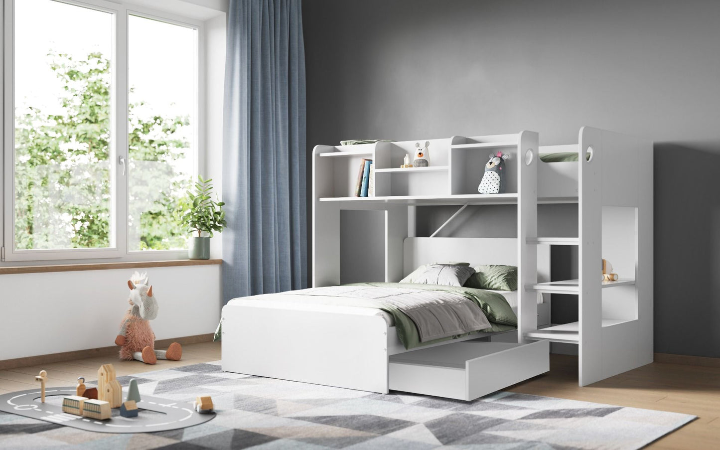 Flair Wizard L Shaped Triple Bunk Bed with Shelves - White