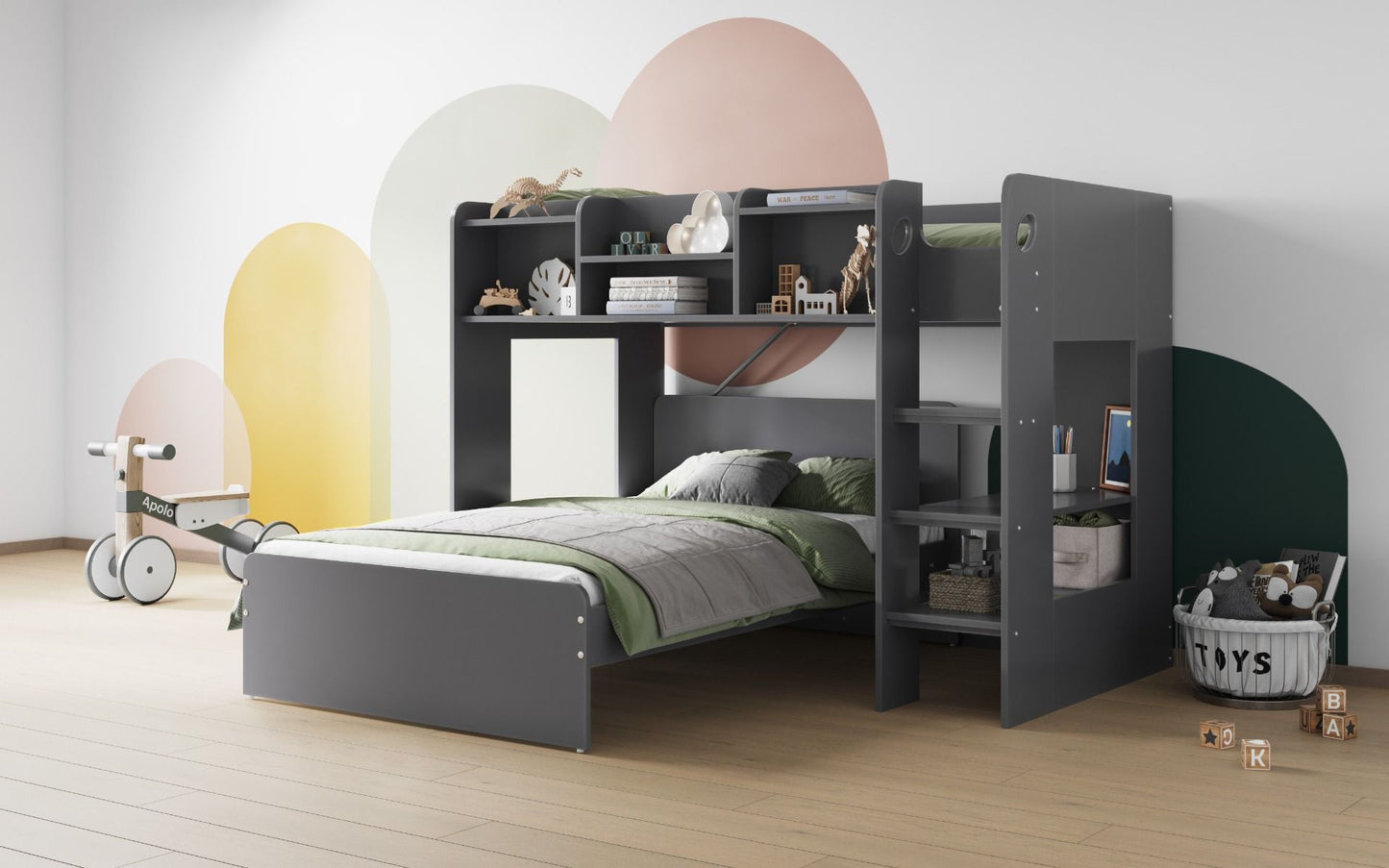 Flair Wizard L Shaped Triple Bunk Bed with Shelves - Grey
