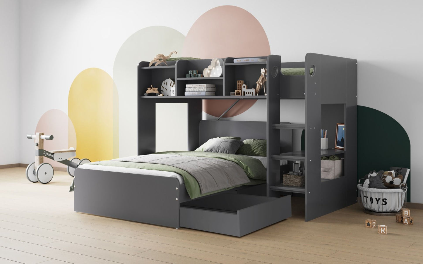 Flair Wizard L Shaped Triple Bunk Bed with Shelves - Grey