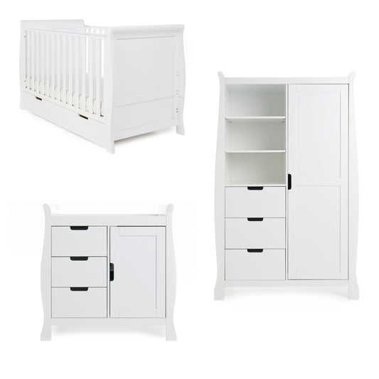 Obaby Stamford Classic Sleigh 3 Piece Room Set + Glider Chair - White 140 x 70