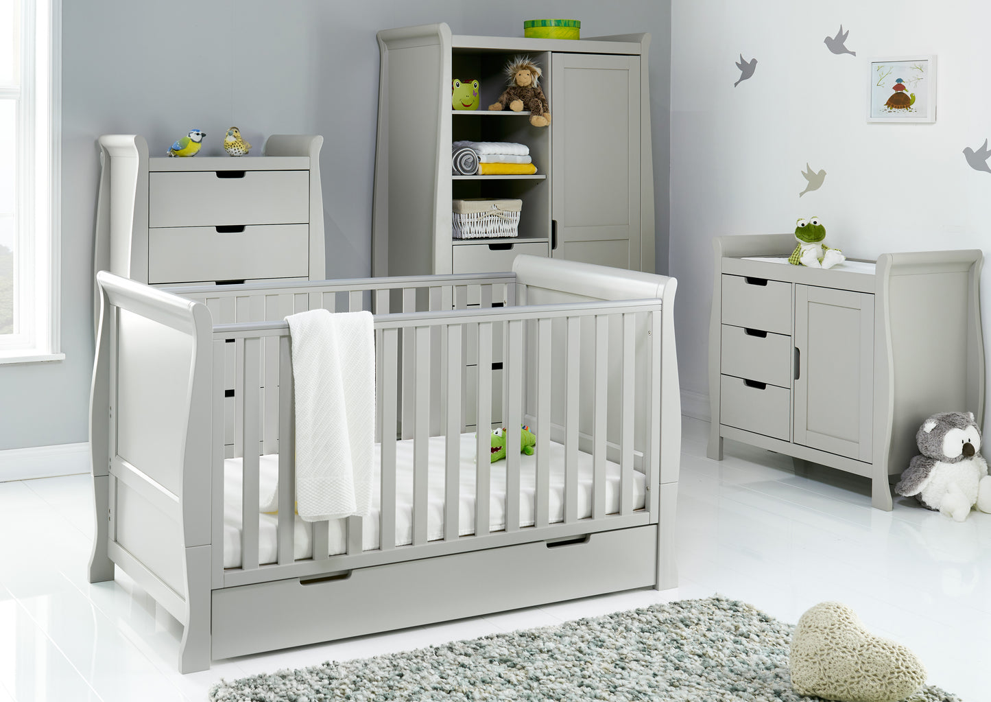 Obaby Stamford Classic Sleigh 4 Piece Room Set - Warm Grey 140 x 70