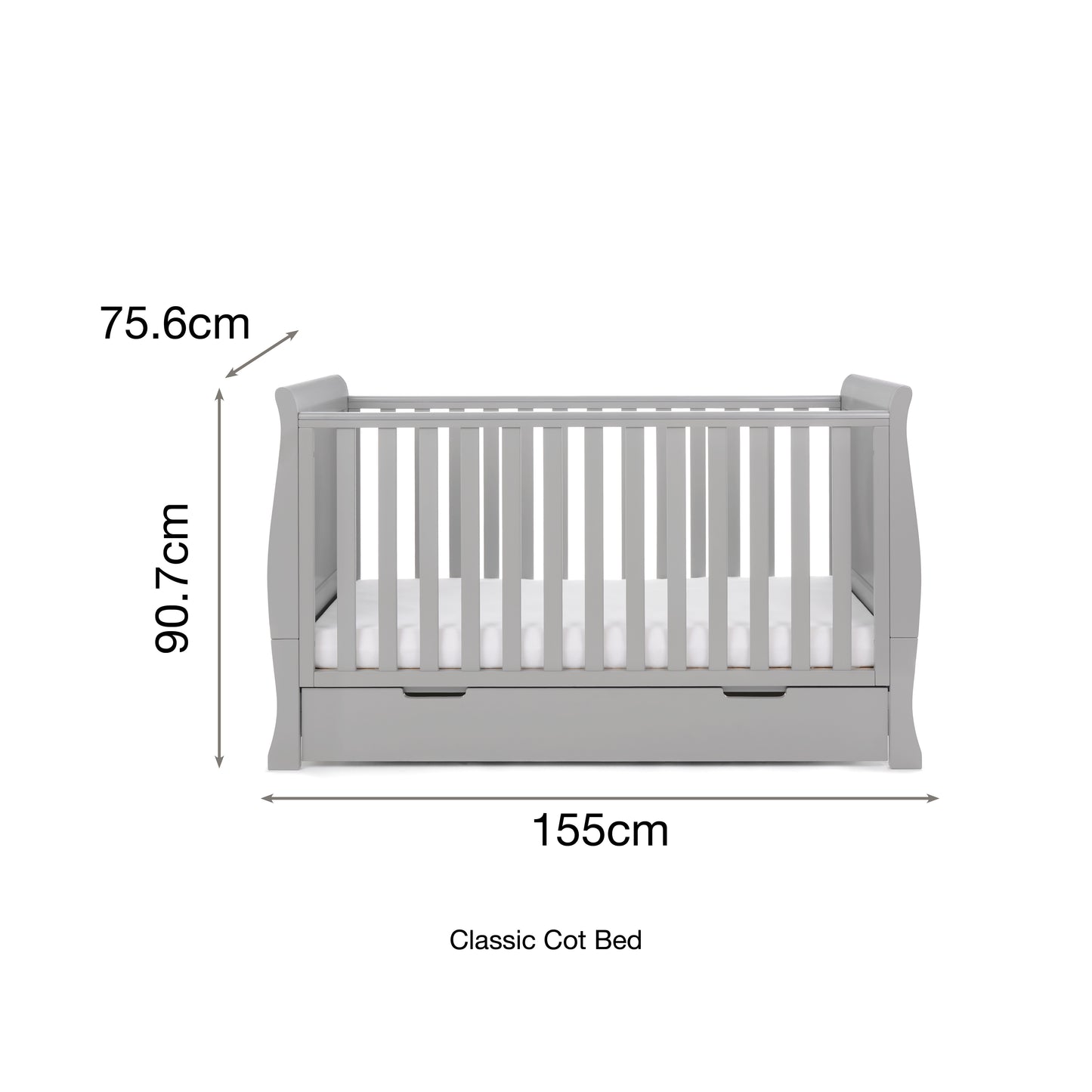 Obaby Stamford Classic Sleigh Cot Bed - Warm Grey 140 x 70