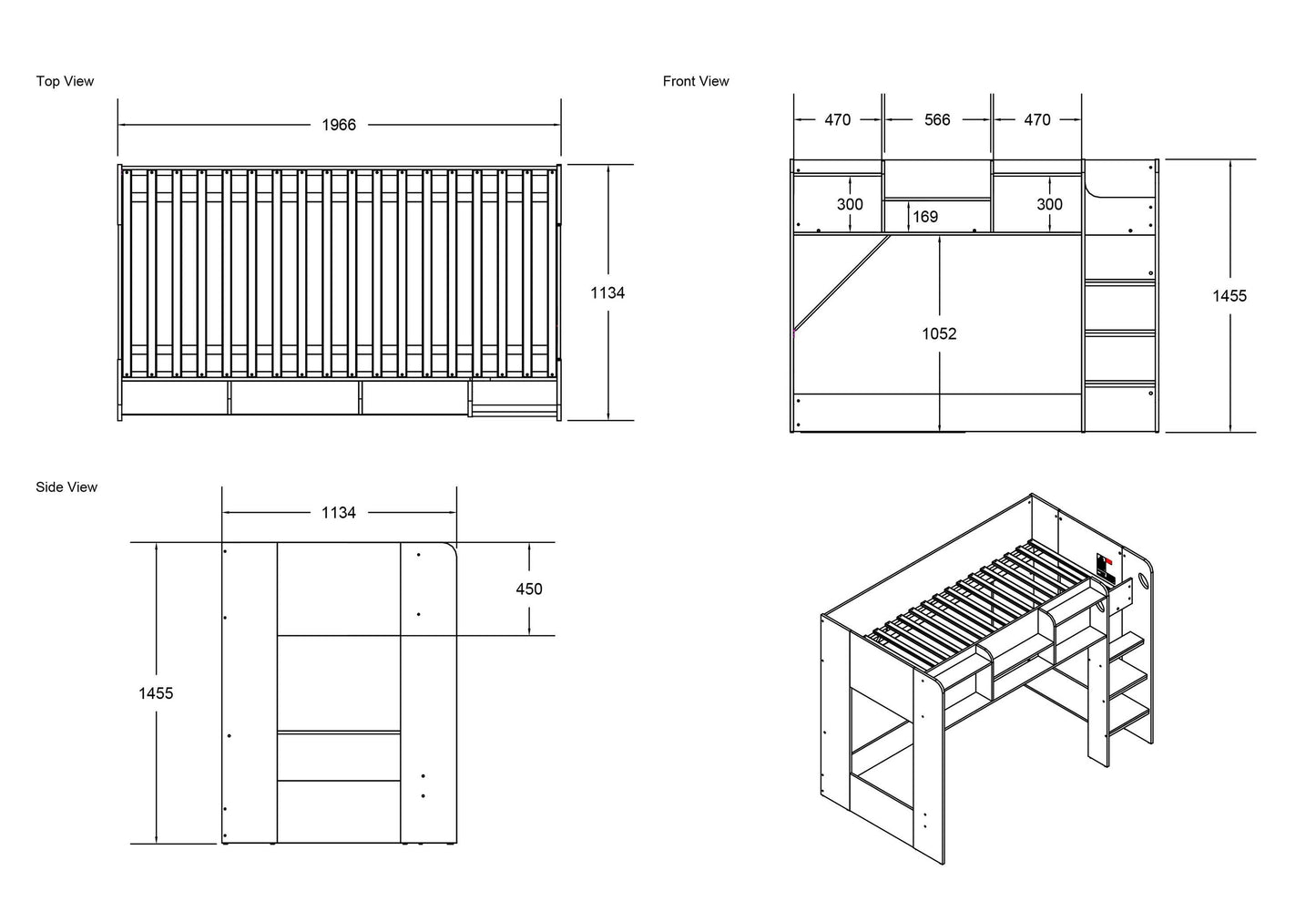 Flair Wizard L Shaped Triple Bunk Bed with Shelves - Grey