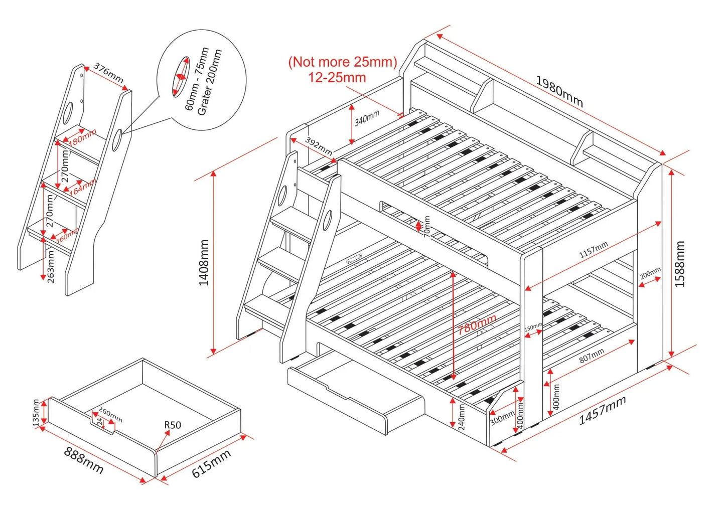 Flair Flick Triple Bunk Bed With Storage - Grey