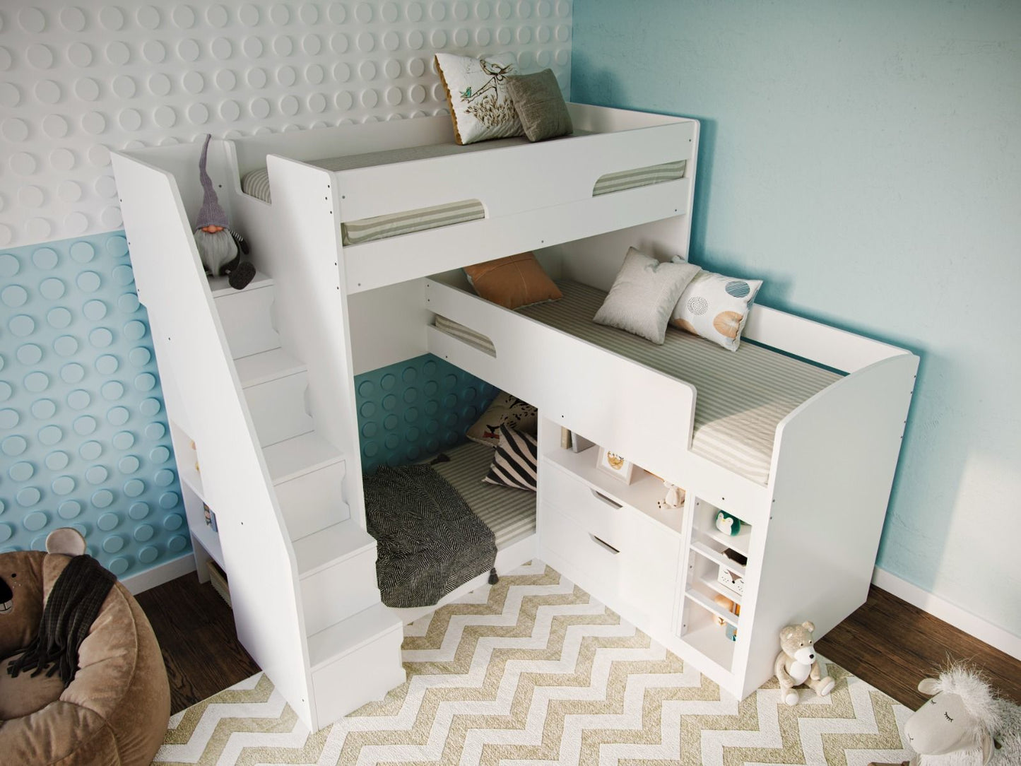 Flair Oscar Staircase Triple Bunk Bed White with Storage