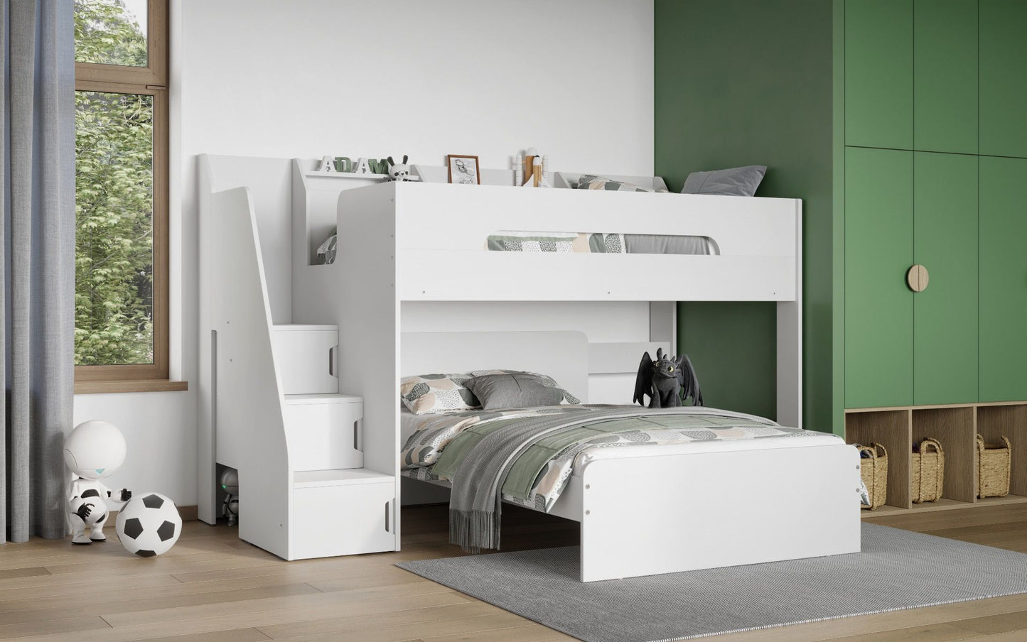 Flair Stepaside Staircase L Shaped Triple Bunk Bed - White