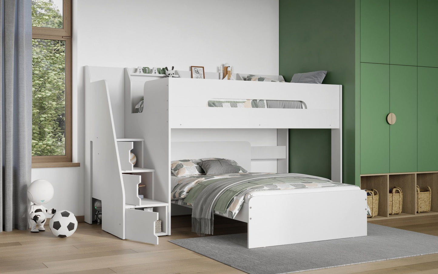 Flair Stepaside Staircase L Shaped Triple Bunk Bed - White