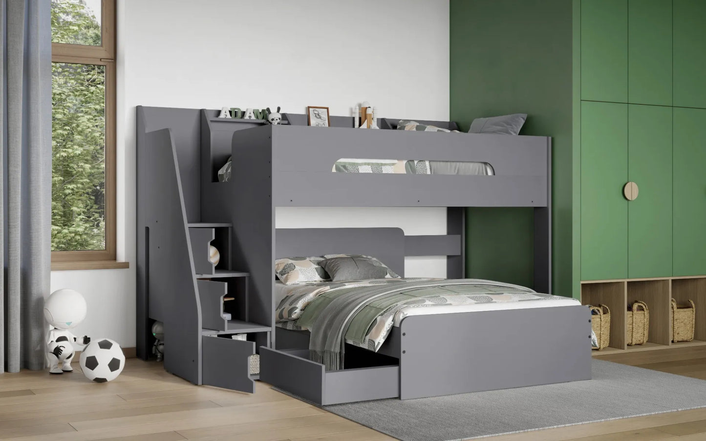 Flair Stepaside Staircase L Shaped Triple Bunk Bed - Grey