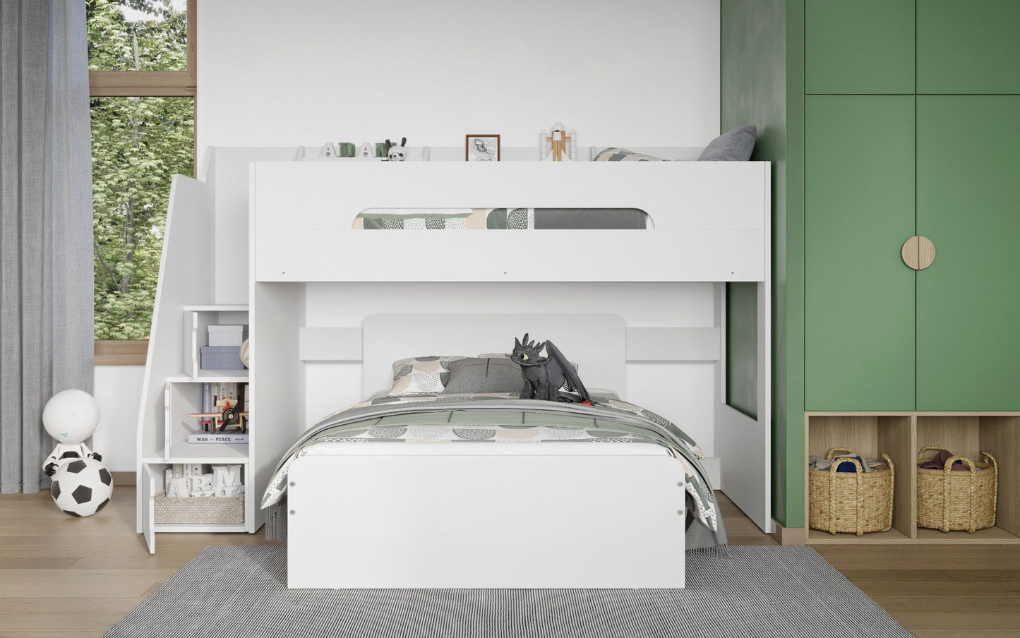 Flair Stepaside Staircase L Shaped Triple Bunk Bed - White