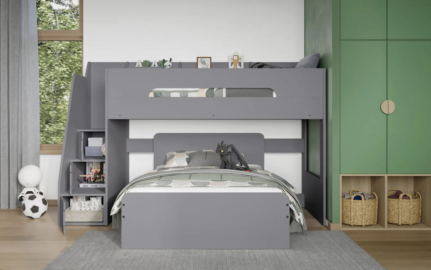 Flair Stepaside Staircase L Shaped Triple Bunk Bed - Grey