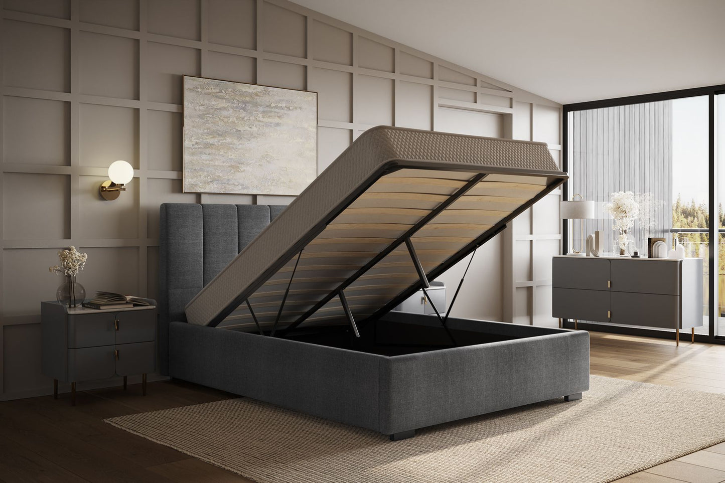 Flair Grey Waltz Fabric Ottoman Bed